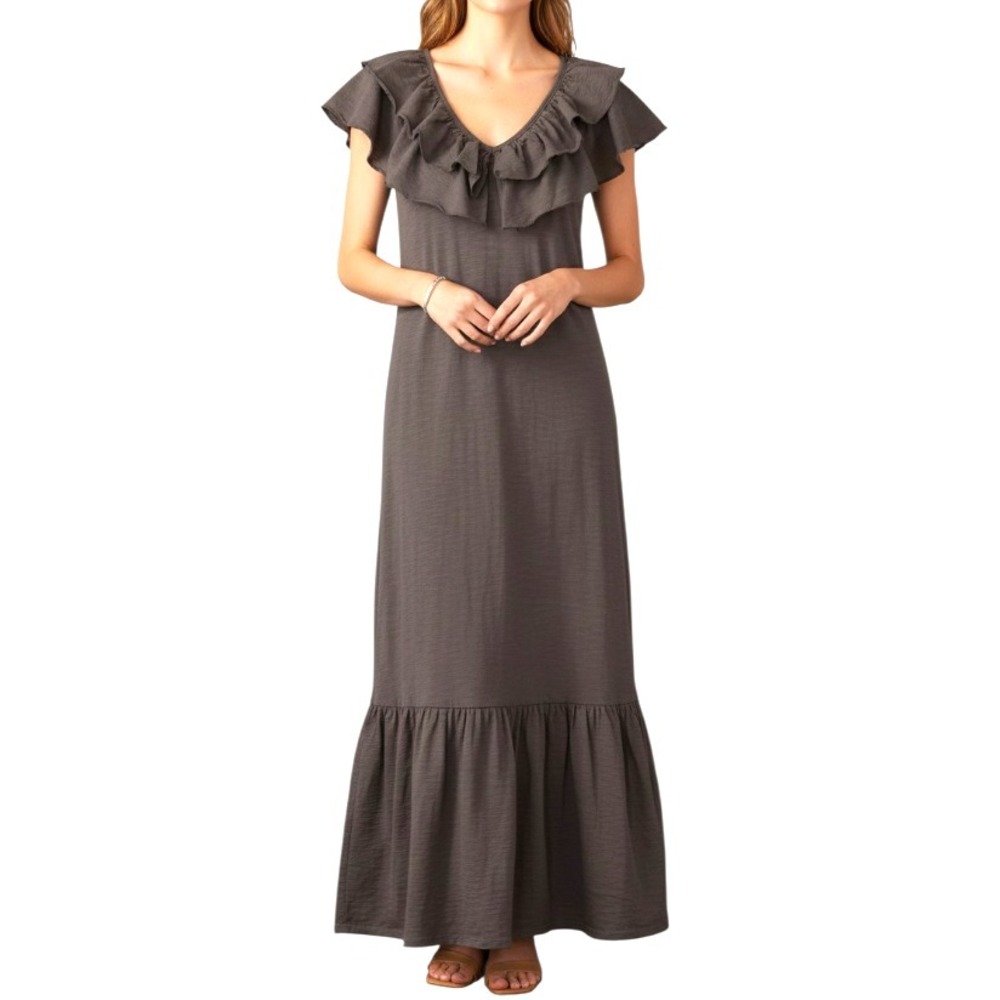 SEDGE S'EDGE Thick Cotton Slub Knit MAXI DRESS Ruffled Collar Tiered Hem XS